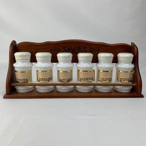 Vintage Milk Glass Spice Jars with Wooden Rack